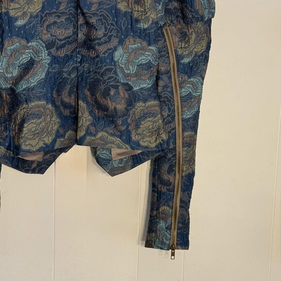 Y2k Bebe Jacket Womens 6 Blue Floral Brocade Puff Sleeve Cropped Zip Jacquard - Picture 16 of 16